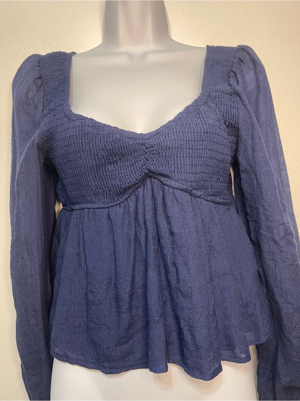 Honey & Sparkle Smocked V-Neck Long Sleeve Top - Navy PTP 17”-19”